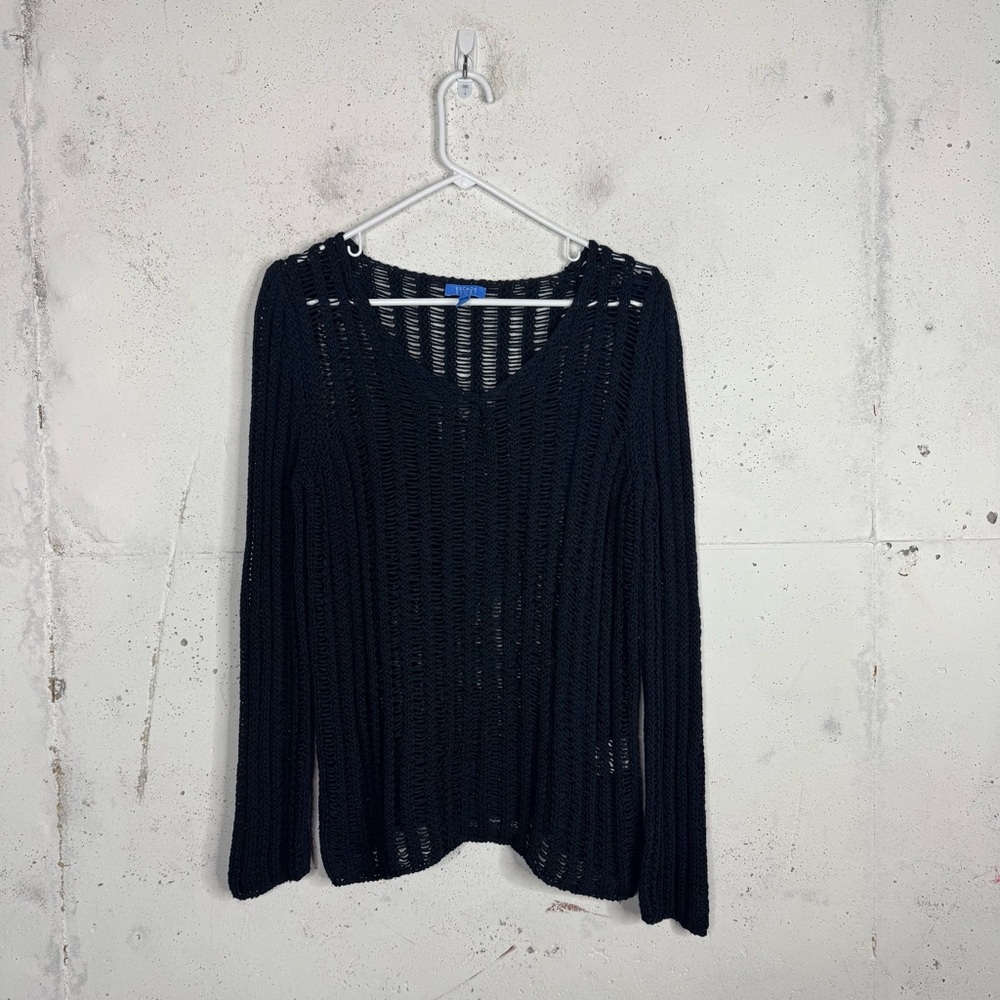 Escada Sport Open Knit Crochet V-Neck Sweater Yarn Navy Small
